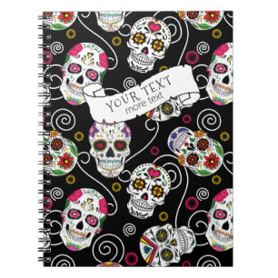 Sugar Skulls and Swirls Rose Black ID725 Notebook