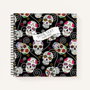 Sugar Skulls and Swirls Rose Black ID725 Notebook