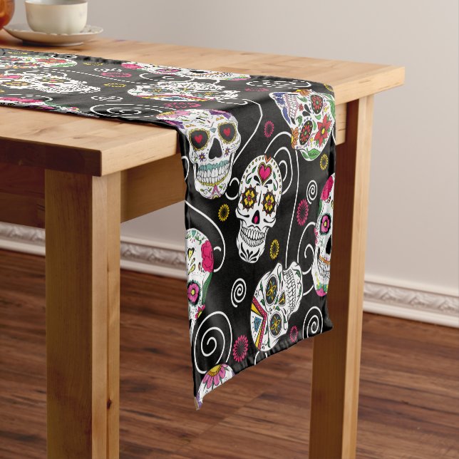 Sugar Skulls and Swirls Rose Black ID725 Short Table Runner (In Situ)