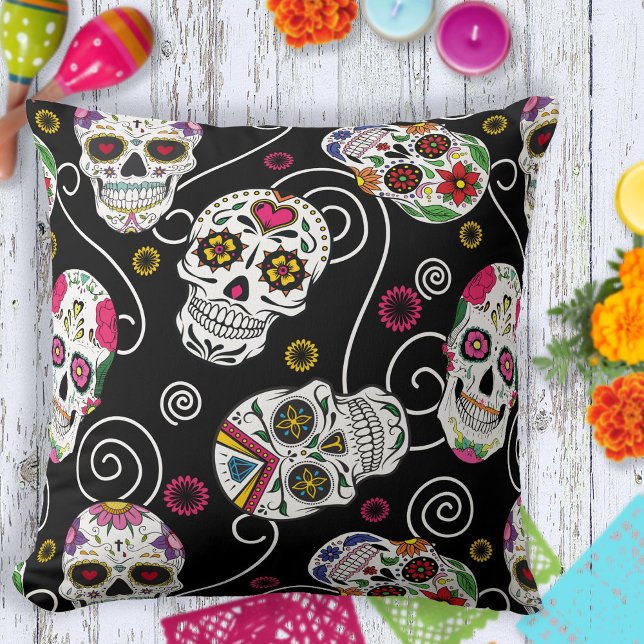 Sugar Skulls and Swirls Rose Black ID725 Throw Pillow (Creator Uploaded)