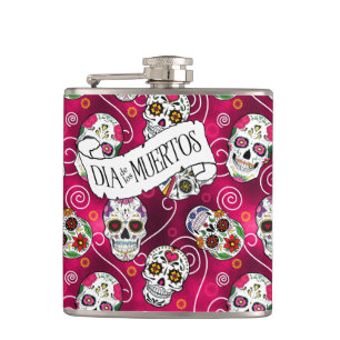 Sugar Skulls and Swirls Rose Red ID725 Hip Flask