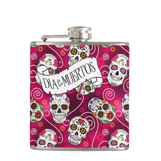 Sugar Skulls and Swirls Rose Red ID725 Hip Flask (Front)