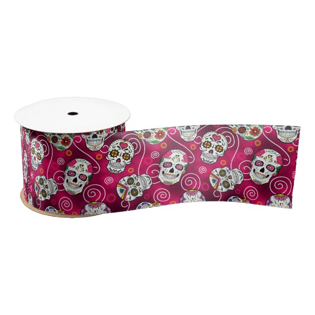 Sugar Skulls and Swirls Rose Red ID725 Satin Ribbon (Spool)