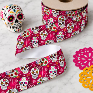 Sugar Skulls and Swirls Rose Red ID725 Satin Ribbon