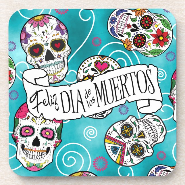 Sugar Skulls and Swirls Rose Turquoise ID725 Coaster (Front)