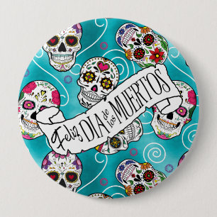 Sugar Skulls and Swirls Turquoise ID725 4 Inch Round Button