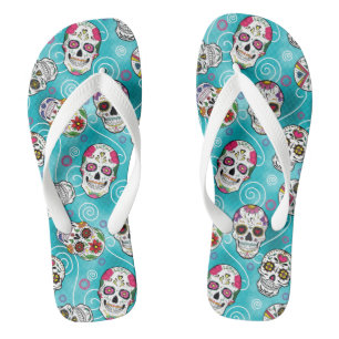 Sugar Skulls and Swirls Turquoise ID725 Flip Flops