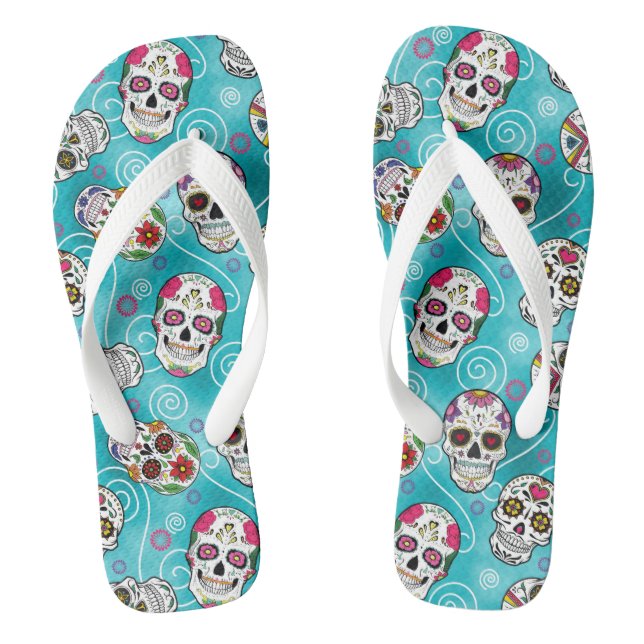 Sugar Skulls and Swirls Turquoise ID725 Flip Flops (Footbed)