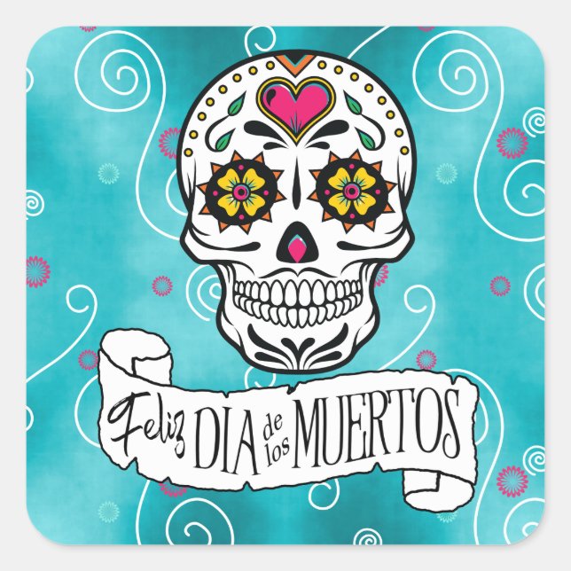 Sugar Skulls and Swirls Turquoise ID725 Square Sticker (Front)