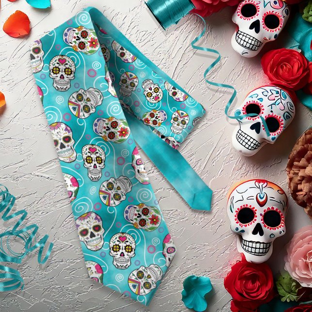 Sugar Skulls and Swirls Turquoise ID725 Tie (Creator Uploaded)