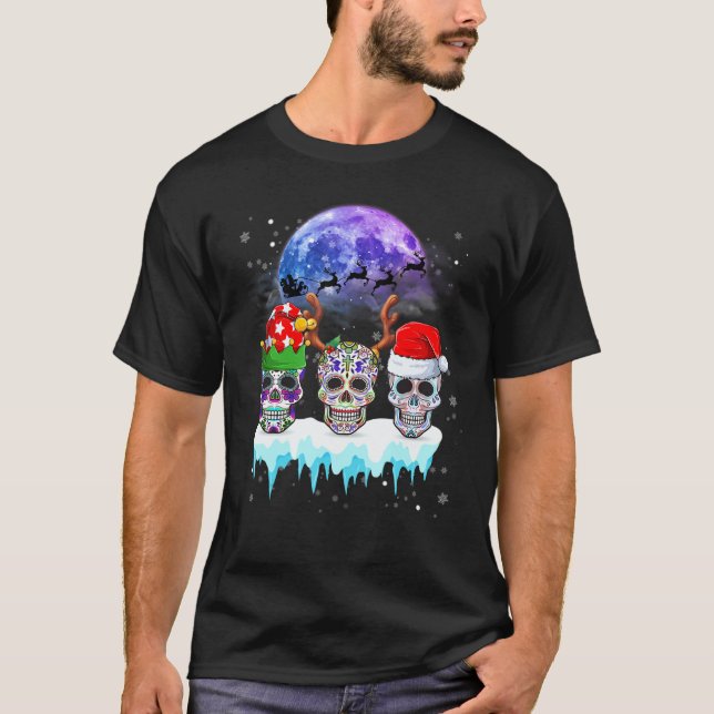 Sugar Skulls Christmas  Skulls Wear Santa Hat Rein T-Shirt (Front)