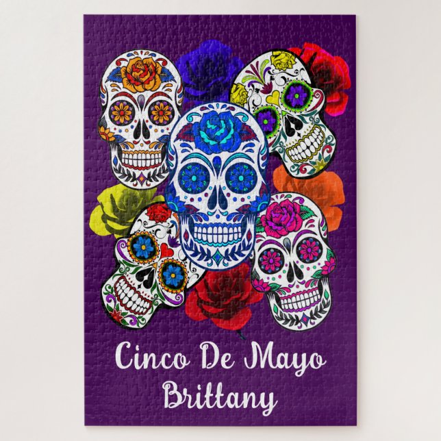 Sugar Skulls Colorful Roses Cinco All Souls Name Jigsaw Puzzle (Vertical)