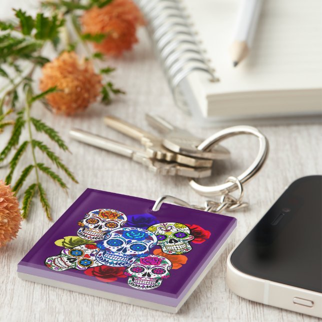 Sugar Skulls Colourful Roses Cinco All Souls Keychain (Front Right)