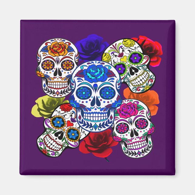 Sugar Skulls Colourful Roses Cinco All Souls Refri Magnet (Front)