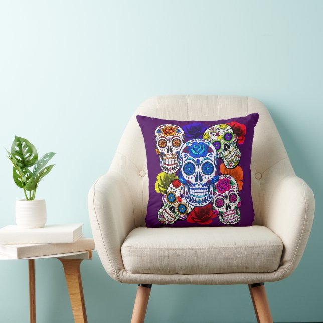 Sugar Skulls Colourful Roses Cinco All Souls Throw Pillow (Chair)