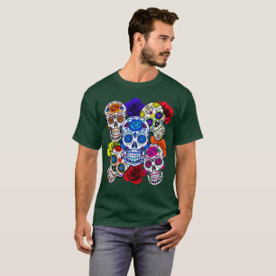Sugar Skulls Colourful Roses Cinco All Souls Unise T-Shirt