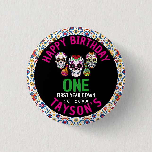 Sugar Skulls Day 1st Birthday Party Colourful Día 1 Inch Round Button (Front)