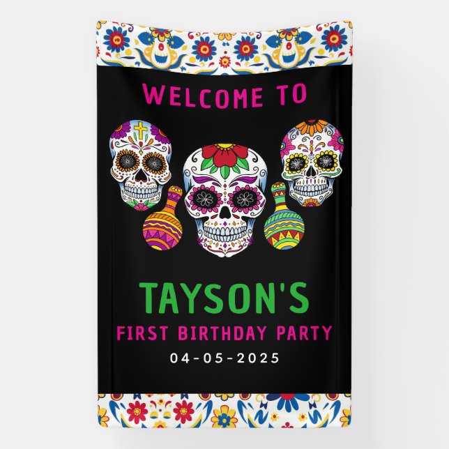 Sugar Skulls Day 1st Birthday Party Colourful Día Banner (Vertical)