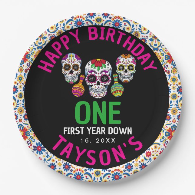Sugar Skulls Day 1st Birthday Party Colourful Día Paper Plate (Front)