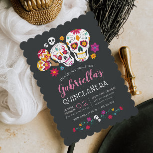 Sugar Skulls Day of the Dead Theme Quinceanera Invitation