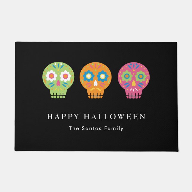 Sugar Skulls Happy Halloween Custom Family Name Doormat (Front)