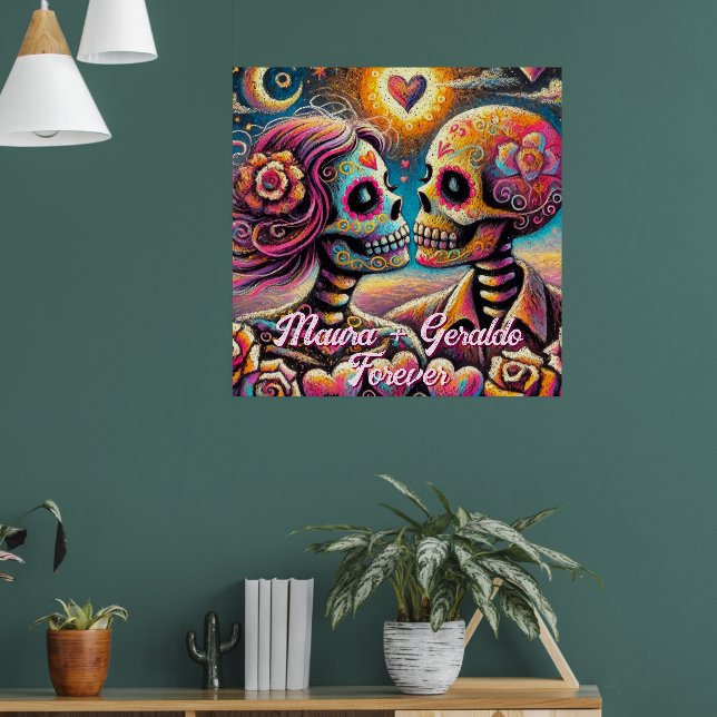 Sugar Skulls in Love Chalk Pastel Personalized Poster (Living Room 1)