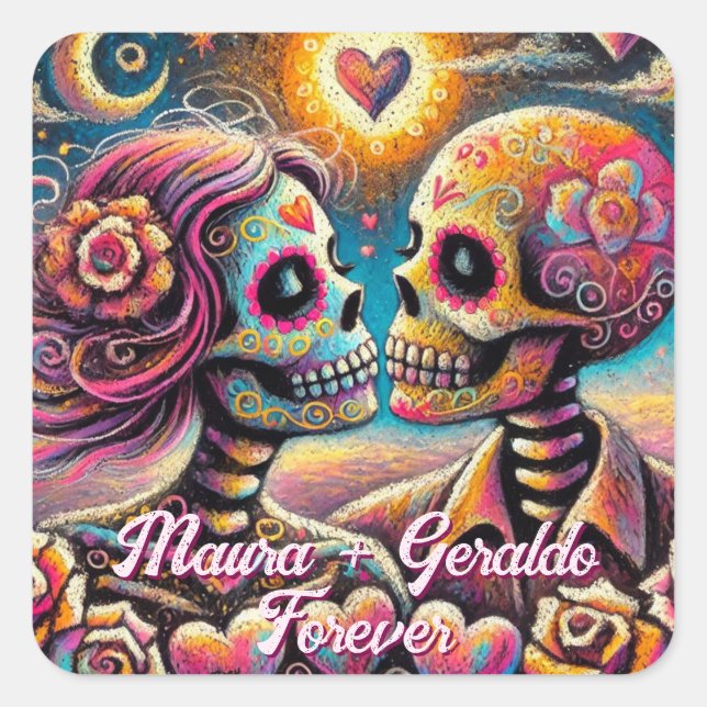 Sugar Skulls in Love Chalk Pastel Personalized Square Sticker (Front)
