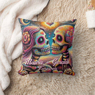 Sugar Skulls in Love Chalk Pastel Personalized Throw Pillow