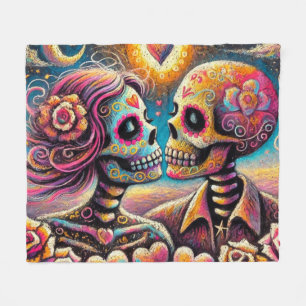 Sugar Skulls in Love Impressionistic Chalk Pastel  Fleece Blanket