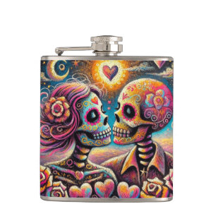 Sugar Skulls in Love Impressionistic Chalk Pastel Hip Flask