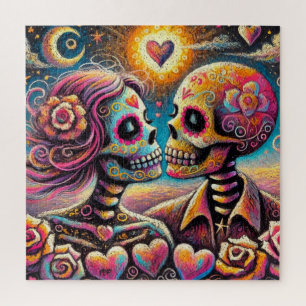 Sugar Skulls in Love Impressionistic Chalk Pastel Jigsaw Puzzle