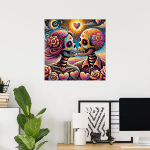 Sugar Skulls in Love Impressionistic Chalk Pastel Poster