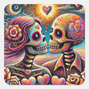 Sugar Skulls in Love Impressionistic Chalk Pastel  Square Sticker
