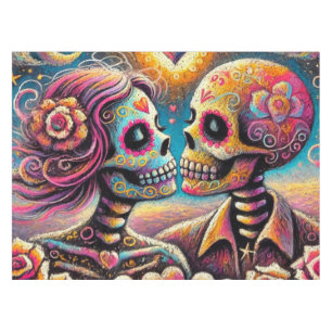 Sugar Skulls in Love Impressionistic Chalk Pastel Tablecloth