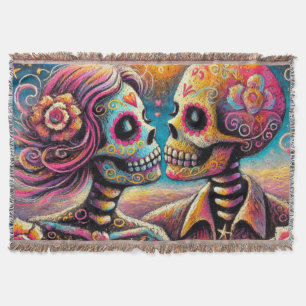 Sugar Skulls in Love Impressionistic Chalk Pastel Throw Blanket