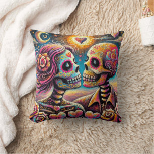 Sugar Skulls in Love Impressionistic Chalk Pastel Throw Pillow