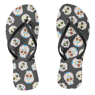 Sugar Skulls on Black with Polka Dots Flip Flops