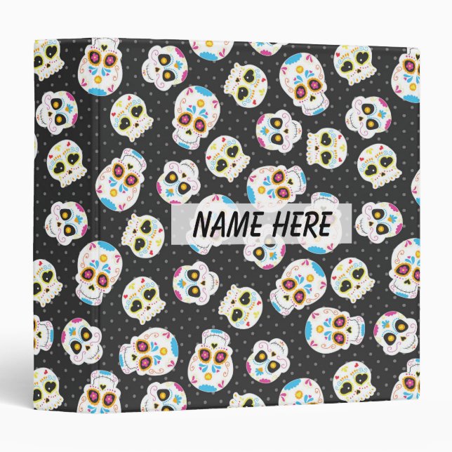 Sugar Skulls on Black with Polka Dots Personalized Binder (Front/Spine)