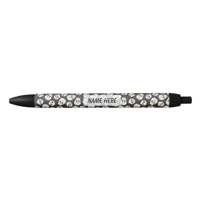 Sugar Skulls on Black with Polka Dots Personalized Black Ink Pen (Front)