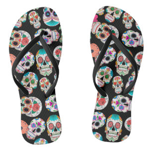 Sugar Skulls Pattern on Black Flip Flops