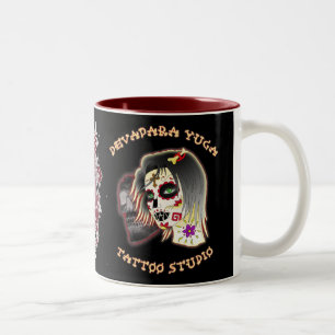 sugarskull lady, sugar skull deva, sword heart Two-Tone coffee mug