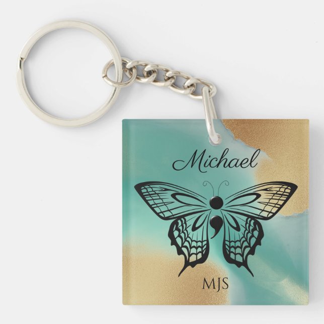 Suicide Awareness Butterfly Semicolon Name Initial Keychain (Front)