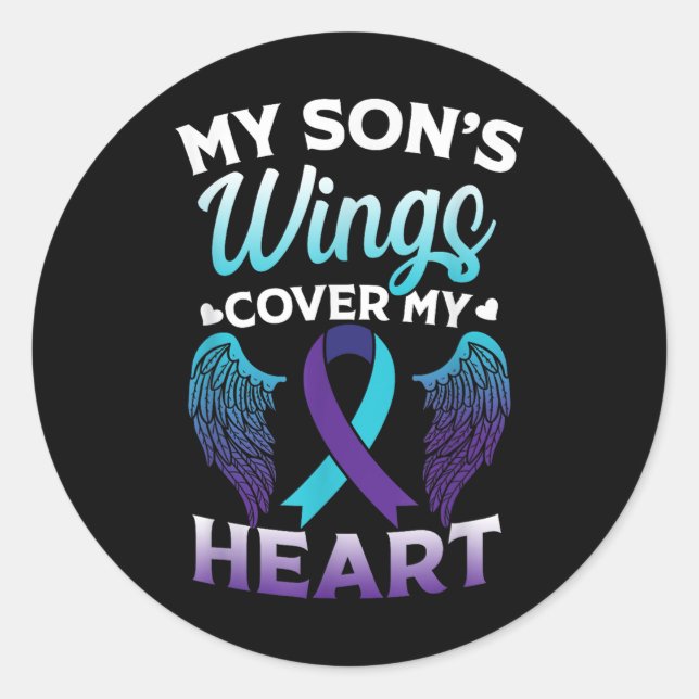 Suicide Awareness Memory Of Son Wings Cover Heart  Classic Round Sticker (Front)