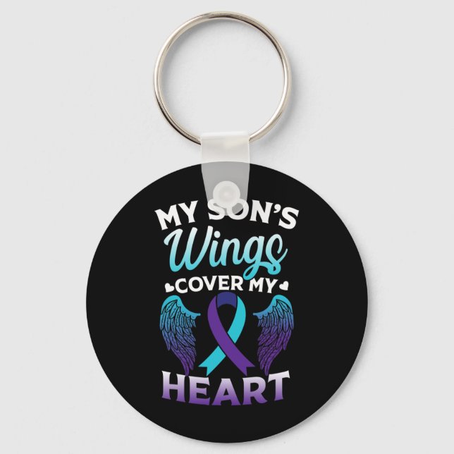 Suicide Awareness Memory Of Son Wings Cover Heart  Keychain (Front)