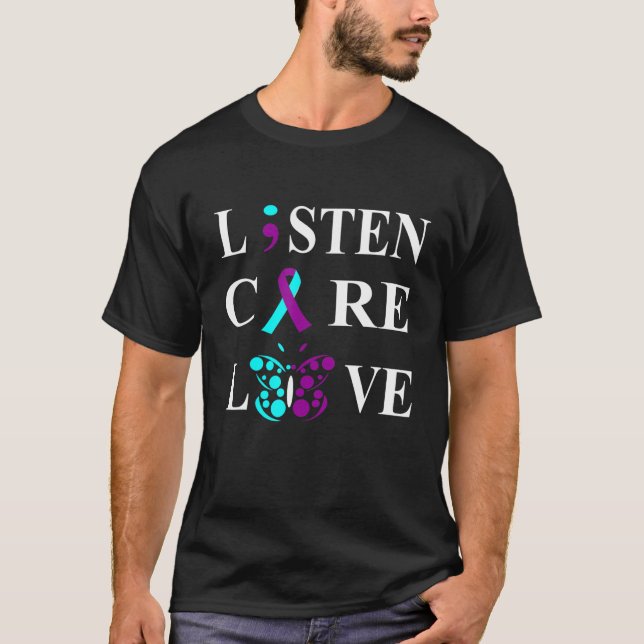 Suicide Awareness T Semicolon Purple Teal Ribbon T-Shirt (Front)