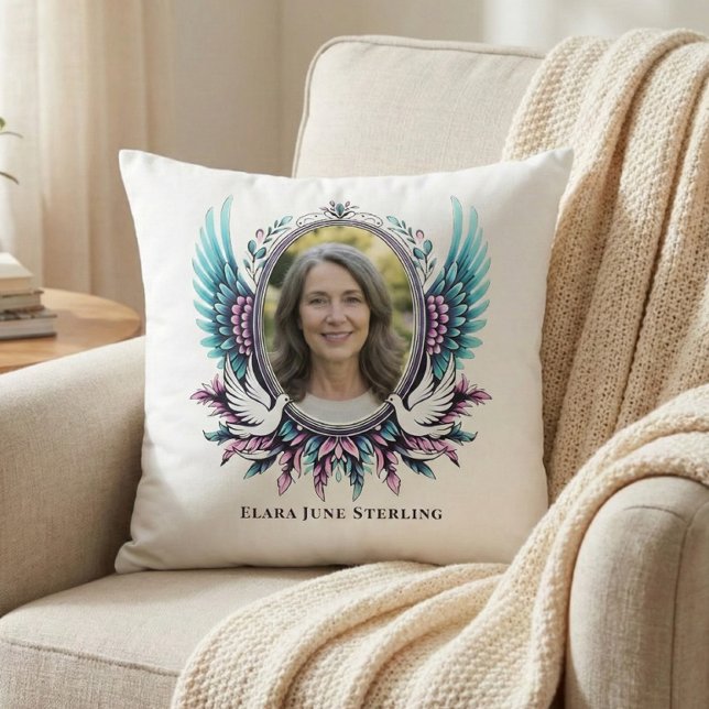 Suicide Loss Memorial Angel Wing Custom Photo Poem Throw Pillow (Personalized Memorial, with Photo for Teal & Purple, Suicide Loss, Throw Pillow)