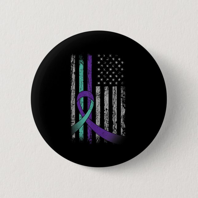 Suicide Prevention Awareness America Flag Teal Pur 2 Inch Round Button (Front)