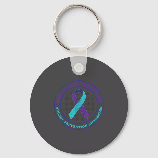 Suicide Prevention Awareness Teal &amp; Purple Rib Keychain (Front)