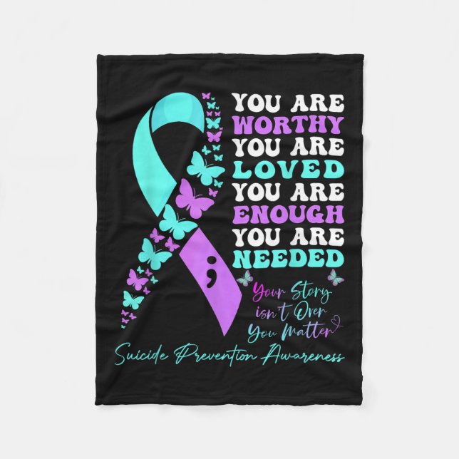 Suicide Prevention Awareness Teal Purple Ribbon Bu Fleece Blanket (Front)