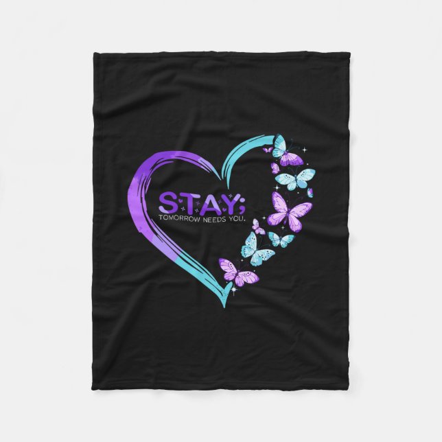 Suicide Prevention Butterfly Heart Stay Tomorrow N Fleece Blanket (Front)